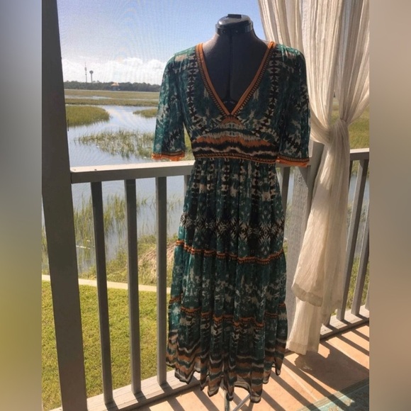 Flying Tomato Green and Orange Midi Print Dress - Picture 4 of 6